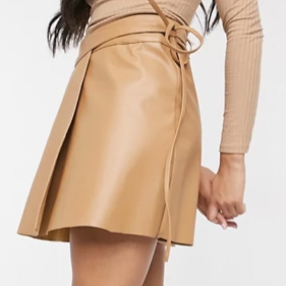 ASOS DESIGN leather look wrap mini skirt with tie detail in tan